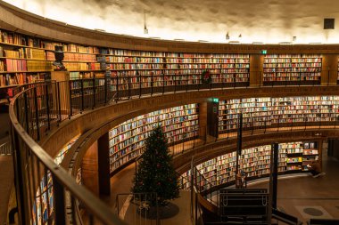 Stockholm, Sweden - January 06, 2023: Stockholm Public Library inside view on winter with August Strindberg bust