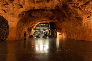 Stockholm, Sweden - January 07, 2023: Stockholm Radhuset metro station escalator