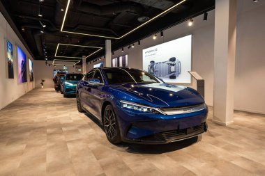 Stockholm, Sweden - January 07, 2023: BYD Auto display in mall of scandinavia 
