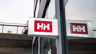 Stockholm, Sweden - February 14, 2023: Helly Hansen store entrance sign banner