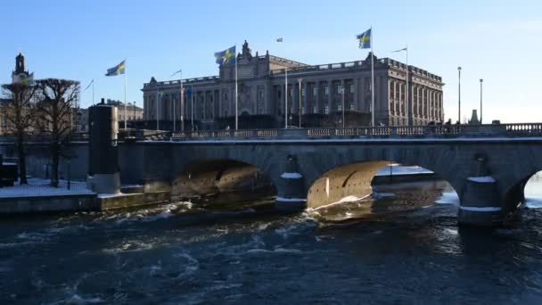 Stockholm Sveç Mart 2023 Riksdag Sveç Parlamentosu Güneşli Bir Kış — Stok video