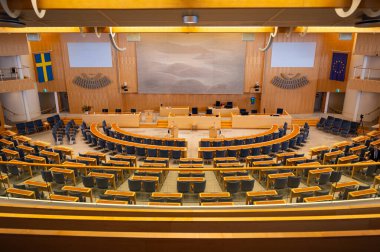 Stockholm, İsveç - 17 Eylül 2024: Riksdag of Swedish, genelkurmay binası, İsveç parlamentosunun merkezi, iç mekan