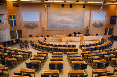 Stockholm, İsveç - 17 Eylül 2024: Riksdag of Swedish, genelkurmay binası, İsveç parlamentosunun merkezi, iç mekan