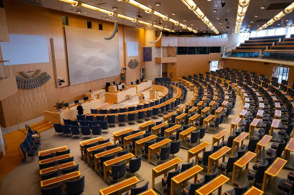 Stockholm, İsveç - 17 Eylül 2024: Riksdag of Swedish, genelkurmay binası, İsveç parlamentosunun merkezi, iç mekan