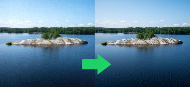 Concept of AI image upscaling restoration technology - pixelated noisy picture of a landscape with island on the left, and the the enhanced (restored) version on the right clipart