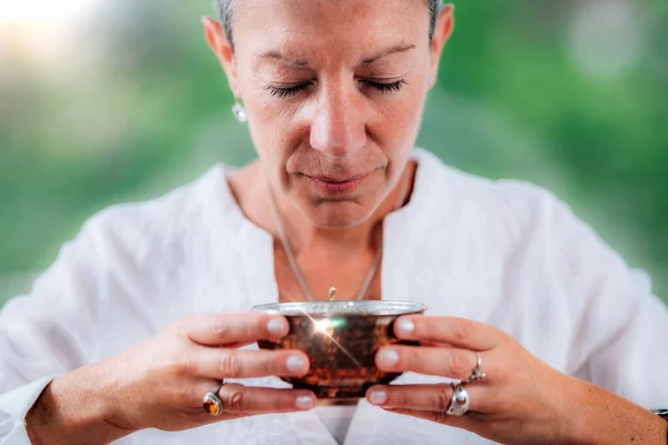 Spiritually Awaken Woman Practicing Mindfulness Infusing Intention Her Morning Tea — Stock Photo, Image