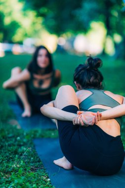 Mindfulness and Meditation. Women Doing Yoga by the Lake 