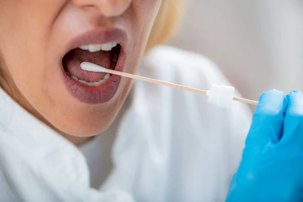 Woman Inserting Swab Mouth Collecting Saliva Sample Dna Analysis — Stock Photo, Image