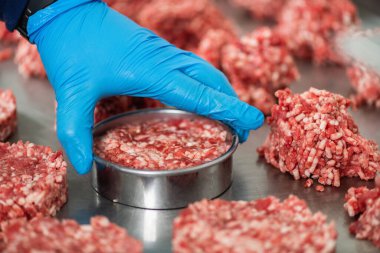 Şef büyük bir restoranda halka kalıbı kullanarak hamburger köftesi hazırlıyor.