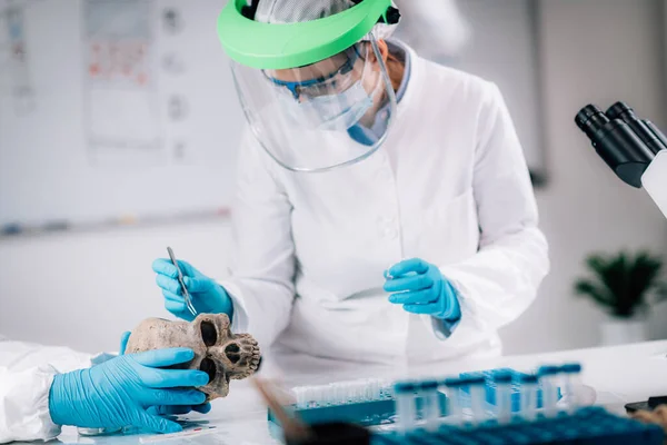 Bioarcheologia Giovane Archeologa Femminile Che Analizza Cranio Umano Antico Laboratorio — Foto Stock