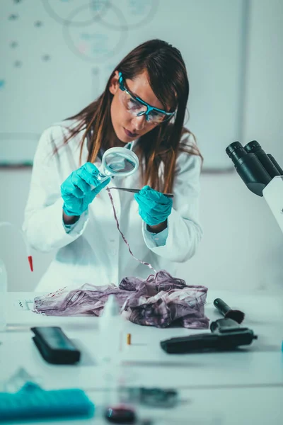 Ciencias Forenses Laboratorio Científico Forense Examinando Textiles Con Evidencias Sangre — Foto de Stock