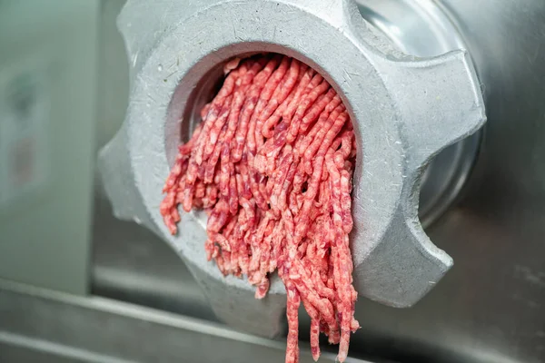 Meat grinder with minced red beef meat in a large restaurant, close u