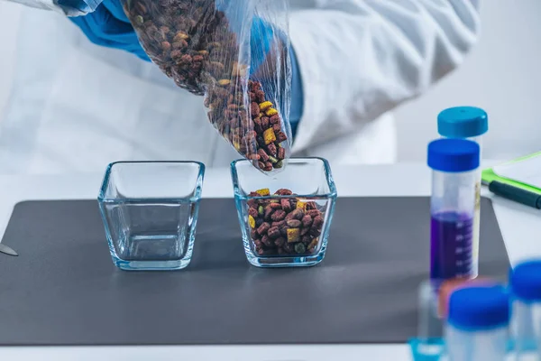 Sample preparation for pet food quality control in laboratory. Laboratory Technician pouring dry cat food in glass jar