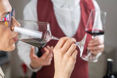 Şarap tatma. Bir kadın kırmızı şarap tatmaktan, şarabın lezzetlerinden ve aromalarından zevk alır..