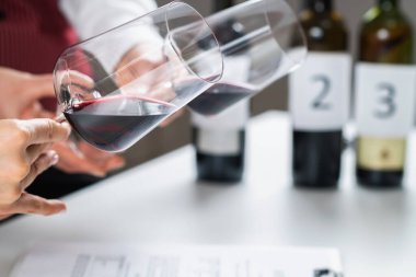 Kırmızı şarap tatma. Katılımcılar bir şarap tatma etkinliğinde farklı kırmızı şarapların renklerini karşılaştırarak şarabın yaşını, üzüm çeşitliliğini ve diğer önemli ayrıntıları renklerine göre belirlemeyi öğreniyorlar..