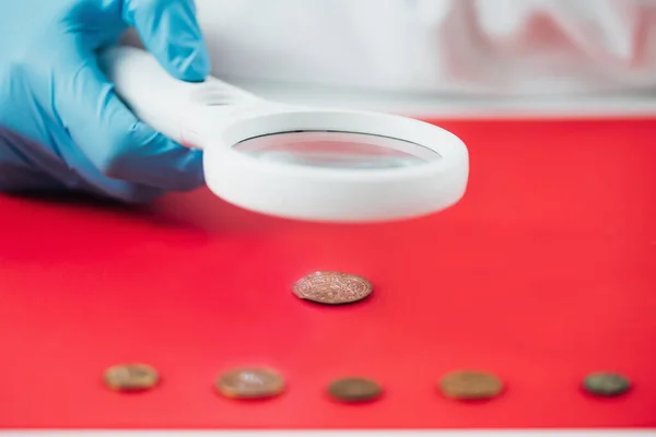 古代のコインを調べ 虫眼鏡を保持 貨幣コレクションの価額の推定 — ストック写真