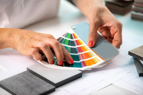 Diseñador Interiores Juego Muestras Color Elección Tablas Compactas Muestras Material — Foto de Stock