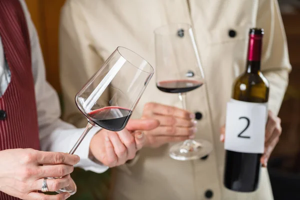 Degustazione Vini Ciechi Identificando Diversi Tipi Vini Partecipanti Assaggiano Identificano — Foto Stock