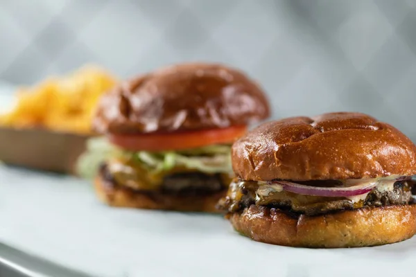Burger Sandwich Met Diverse Toppings Specerijen Frietjes — Stockfoto