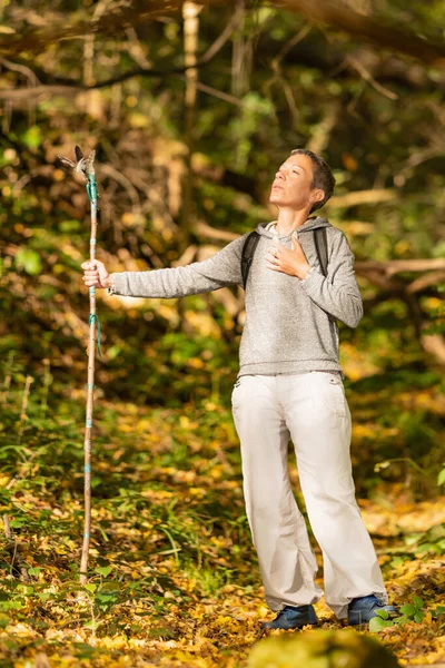 Mindfulness Motion Mindful Middle Aged Woman Exploring Forest Fall — Stock Photo, Image