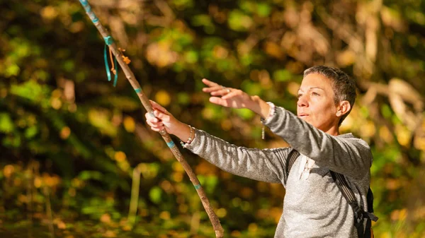 Spiritual Awareness Mindful Middle Aged Woman Embracing Nature Enjoying Warm — Stock Photo, Image