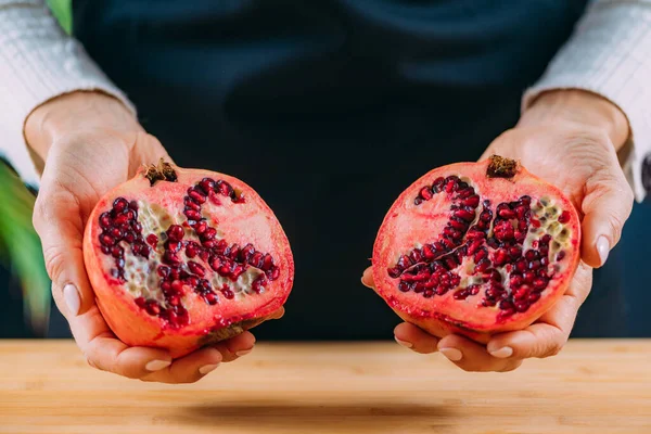Woman Hands Holding Pomegranate — Stock Photo, Image