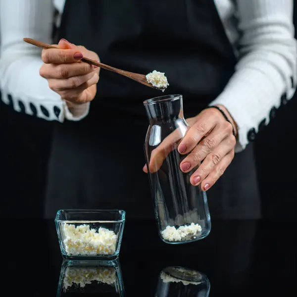 木勺上的Kefir亲和力共生培养谷粒 用于自制的Kefir — 图库照片