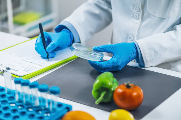 Food Quality Assessment in Microbiology Laboratory, microbiologist filling forms, following standard operating procedure 