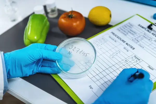 Evaluación Calidad Los Alimentos Laboratorio Microbiología Formularios Llenado Microbiólogos Siguiendo — Foto de Stock