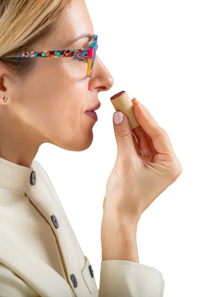 Wine Tasting Woman Sniffing Wine Cork Isolated — Stock Photo, Image
