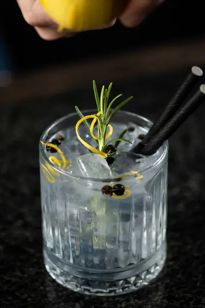 Barman Empilant Délicatement Citron Frais Ajoutant Pilule Agrumes Cocktail Gin — Photo