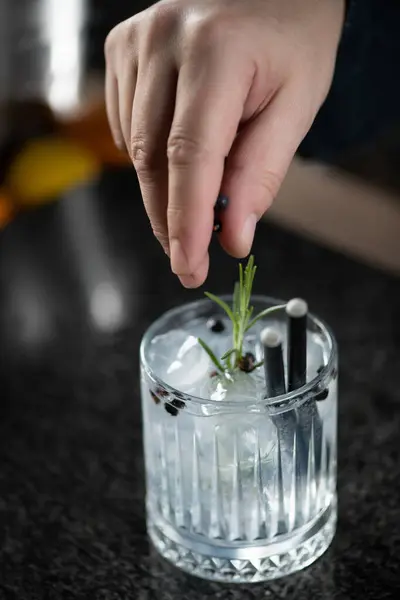 Cocktail Gin Tonic Artesanal Servido Com Toque Aromático Bagas Zimbro — Fotografia de Stock