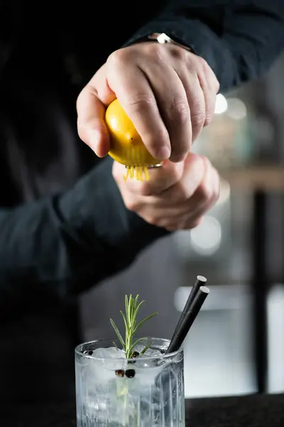 Bartender Delicately Piling Fresh Lemon Adding Citrus Pill Crafted Gin Stock Photo