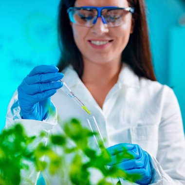 Biyolog laboratuvarda bitkilerle örnekler inceliyor.  