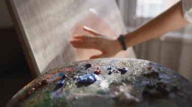 Kız tuval üzerine bir resim çiziyor. Boya Fırçası kullanan sanatçı. Sanatçı palette boya karıştırır.