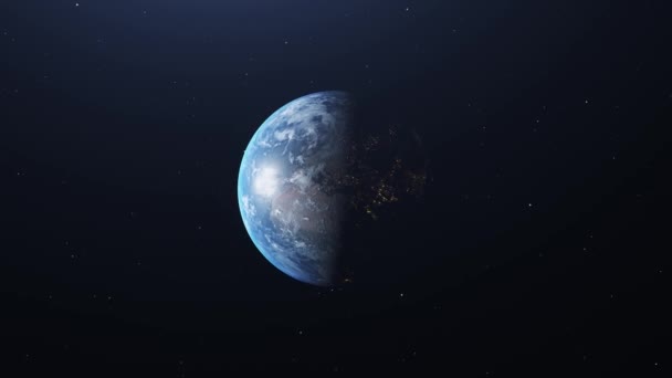 Modelo Realista Planeta Eclipse Sol Vista Terra Espaço Brilho Cidades — Vídeo de Stock