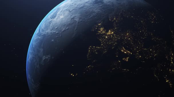 Bolygó Realisztikus Modellje Nap Napfogyatkozása Kilátás Földre Űrből Fénylő Városok — Stock videók