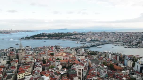 Galata Torony Légi Rálátás Isztambul Beyoglu Kerület Építészeti Műemlék Idegenforgalmi — Stock videók