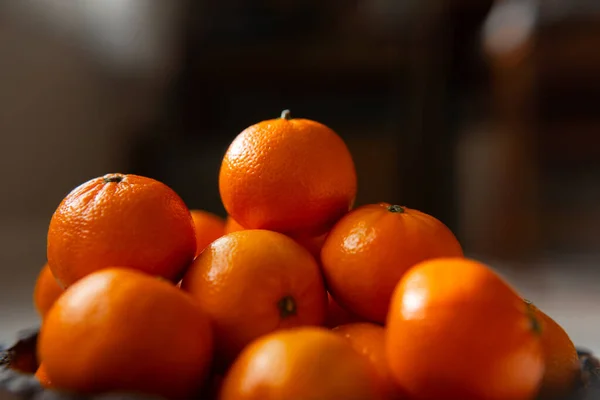 Basket Tangerine Orange Fruit Gray Plaid Background — Stock Photo, Image