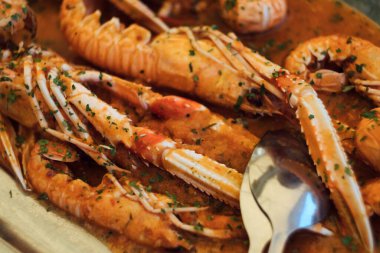 A seafood plate of delicious Adriatic catch of the day - scampi shrimps (kampi) in wine buzara sauce