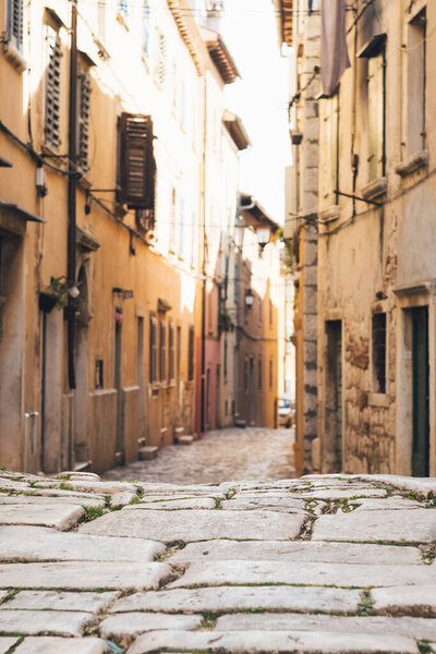Historic city postcard view - beautiful narrow street of medieval Rovinj Croatia