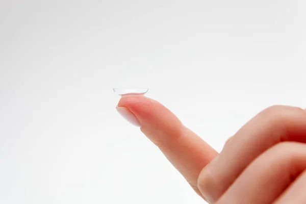 Contact Lens Female Finger Blurred Face Close Medicine Vision Concept —  Fotos de Stock
