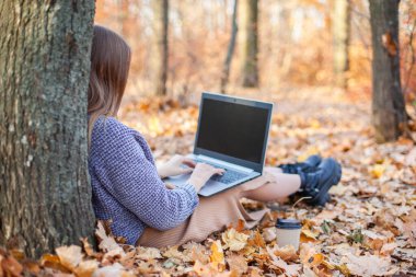 Güz Ormanı 'nda dizüstü bilgisayarla çalışan genç bir kadın. Serbest, uzak çalışma