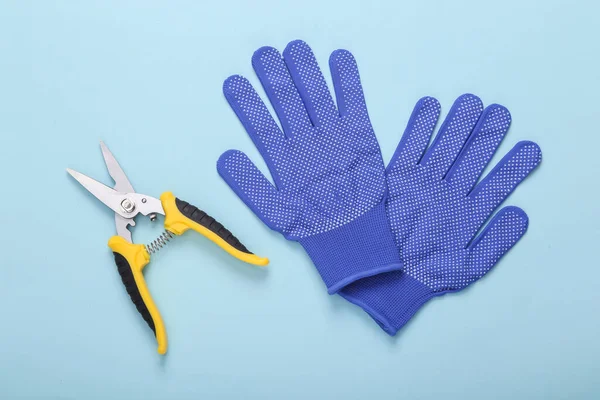 Garden pruner with work gloves on blue background. flat lay. top view