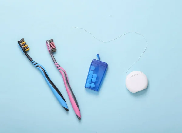 Oral Hygiene Products Two Brushes Dental Floss Box Gummies Blue — Stock Photo, Image