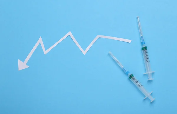 Statistieken Van Vaccinatie Incidentie Van Covid Spuit Met Vallende Pijl — Stockfoto