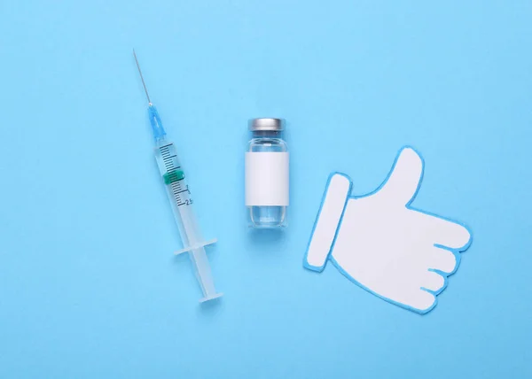 Jóváhagyott Vakcina Vakcina Palack Üres Címkével Márka Fecskendő Hüvelykujj Felfelé — Stock Fotó