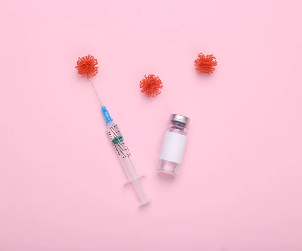 Oltás Kovid Kezelés Vakcina Palack Márka Vírus Molekulák Rózsaszín Hátterű — Stock Fotó