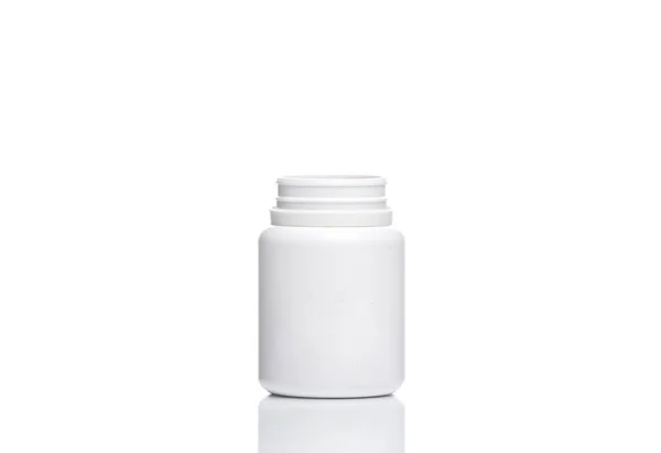 Mockup Fehér Üveg Tabletták Elszigetelt Fehér Háttér Val Elmélkedés — Stock Fotó