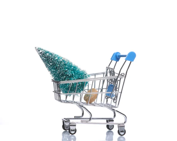 Mini Shopping Cart Christmas Tree Isolated White Background Reflection — Stock Photo, Image